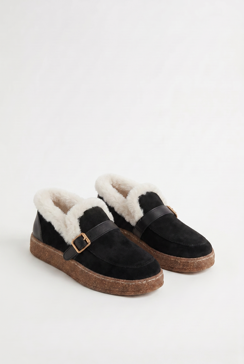 Calzoria siyah süet kürk astarlı slip-on rose gold toka