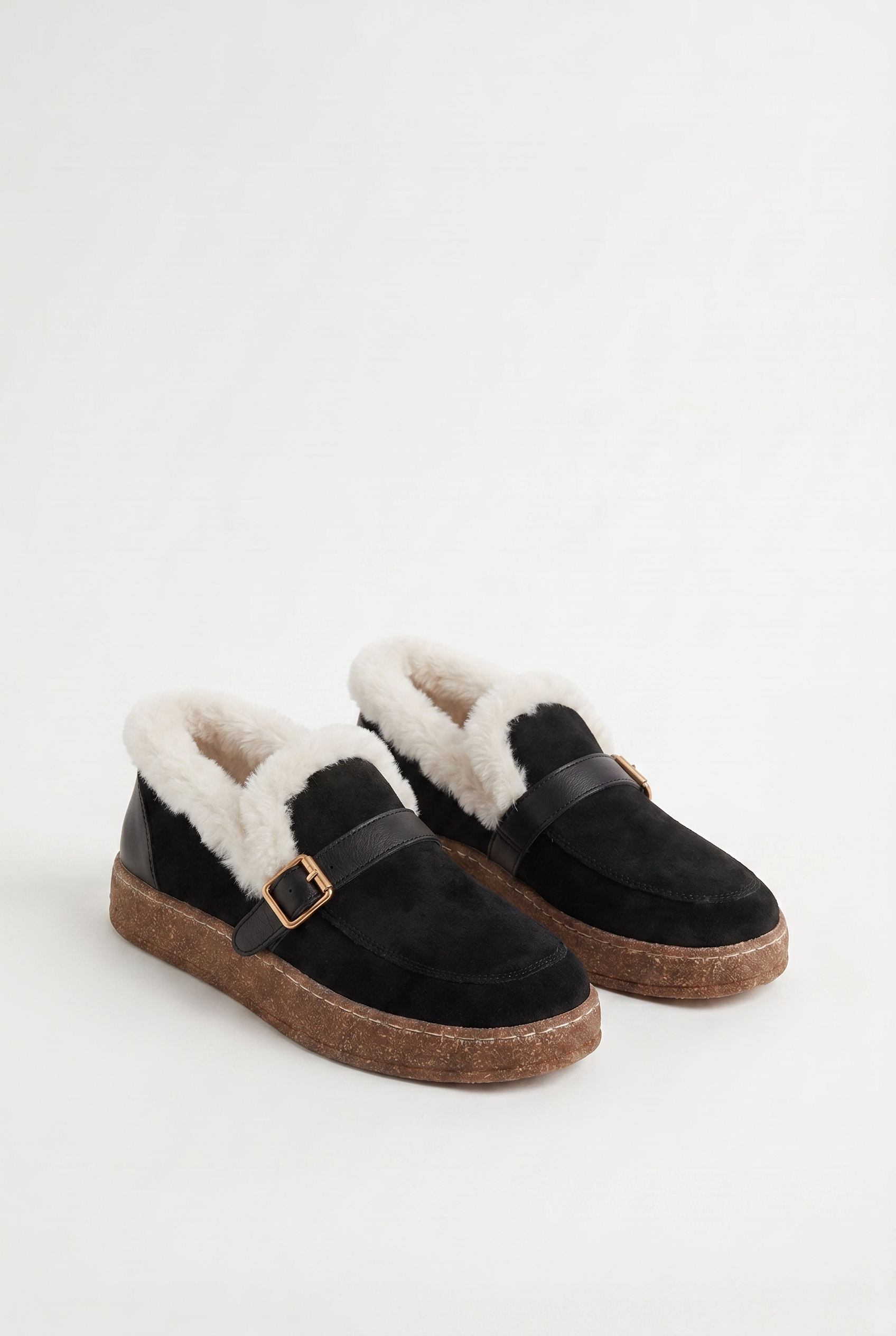 Calzoria siyah süet kürk astarlı slip-on rose gold toka