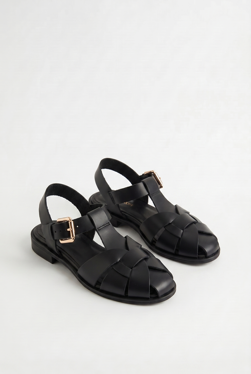 Calzoria siyah deri fisherman sandalet rose gold toka slingback